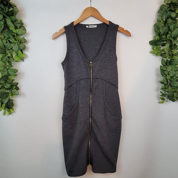 T BY ALEXANDER WANG Zip Front Ponte Tank Charcoal Grey Dress, Pockets XS X Small - Picture 5 of 16